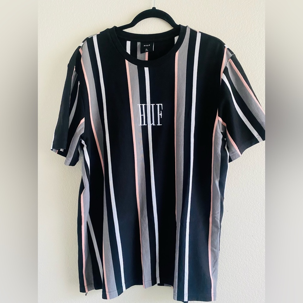 HUF Men's XL Black, White, Gray & Pink Stripe Relaxed Knit Shirt - Bison